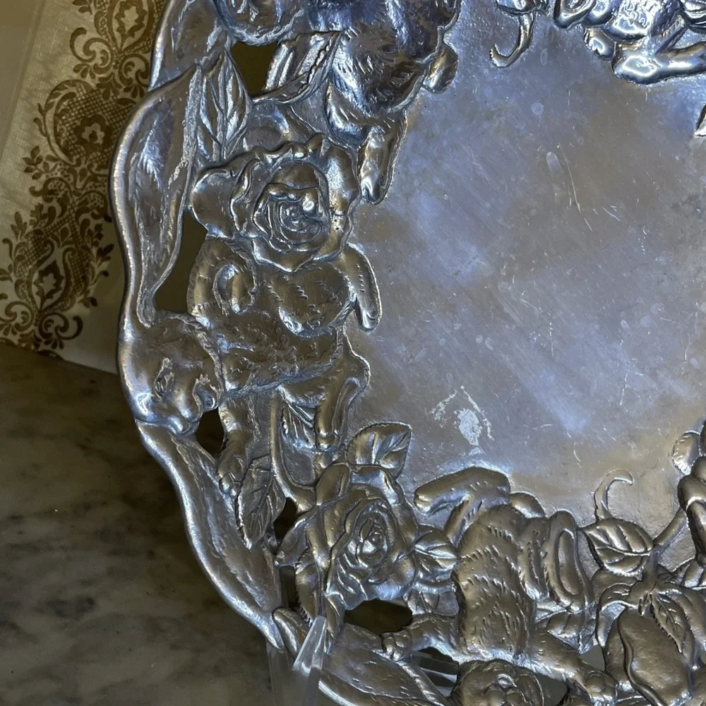 Vintage Arthur Court 1995 Metal Cast Aluminum Rabbit Rose Platter Bowl